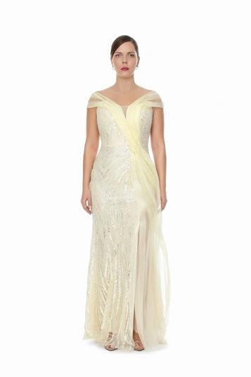 Tulle Detail Sequin Plus Size Evening Dress